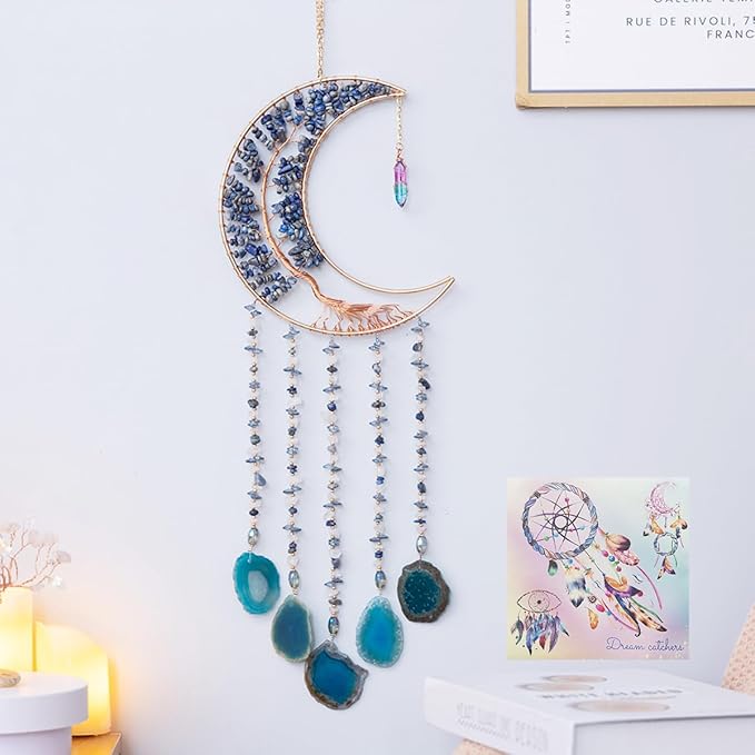 Agate Moon Dream Catchers with Crystal 7 Chakra Gemstone Dream Catchers Color Natural Gem Agate Wall Hangings Room Garden Dreamcatchers Decor (Lake Blue)