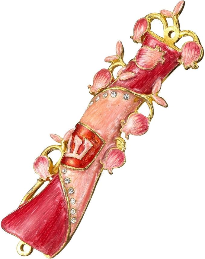 Matashi Hand Painted Mezuzah Gold Plated and Crystals (Red & Pink Enamel Mezuzah)