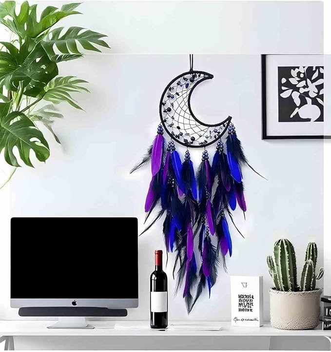 Moon Dream Catcher Handmade for Bedroom Purple and Blue Feather Dream Catchers for Home Decoration Ornaments for Bedroom Wall Hanging (Purple Feather - 1pc)