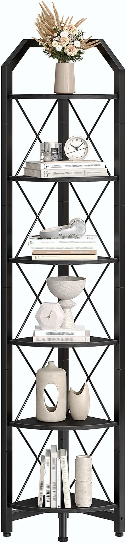 CHOEZON 6-Tier Corner Shelf, Industrial Corner Bookshelf, 71.2" Display Storage Stand, Plant Stand Display Shelf, Tall Bookcase for Bedroom, Living Room, Home Office, Black TCJ11BB