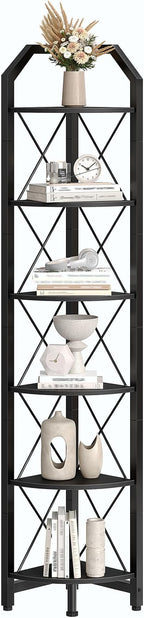 CHOEZON 6-Tier Corner Shelf, Industrial Corner Bookshelf, 71.2" Display Storage Stand, Plant Stand Display Shelf, Tall Bookcase for Bedroom, Living Room, Home Office, Black TCJ11BB