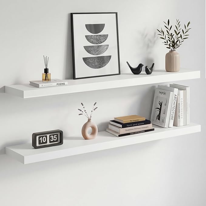 Homeforia White Floating Shelves 42 inch, High End Solid Real Wood 42inch Floating Shelf for Wall Mounted, White Wooden 42in Long Floating Shelves, Heavy Duty Bracket, 42 X 6.5 X 1.75 inches, Set of 3