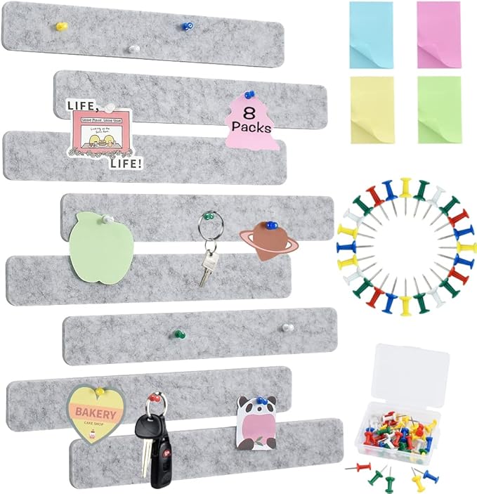 Vuzvuv 8Pcs Light Grey Cork Board Bar Strips with 50 Pushpins & Sticky Notes, Self-Adhesive Bulletin Board Strips No Damage for Wall, Felt Pin Board for Paste Notes, Photos, Schedules Office Decor
