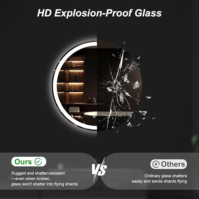DUMOS 24 Inch Round LED Bathroom Mirror with Lights, Circle Vanity Mirror with Anti-Fog, Dimmable, 3-Color Light, Front Light and Backlit, Memory Function, Tempered Glass