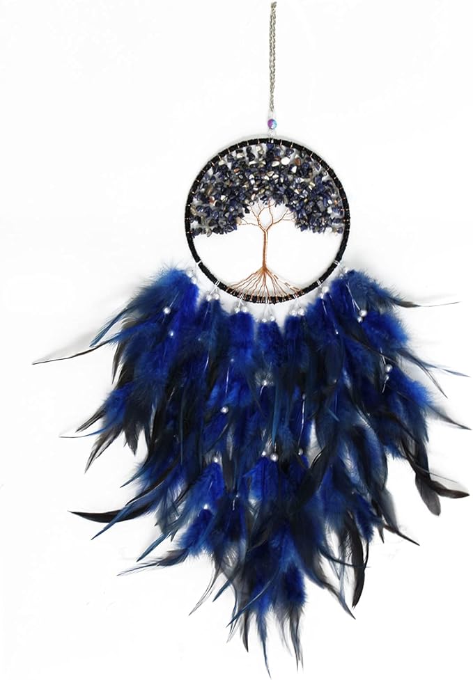 Pretty Jolly Fairy Blue Tree of Life Dream Catcher Wall Decor with Healing Crystal Stone Handmade Feather Dream Catchers Decoration Wall Hanging Bedroom Living Room Wedding Party Home Decor-25.6"