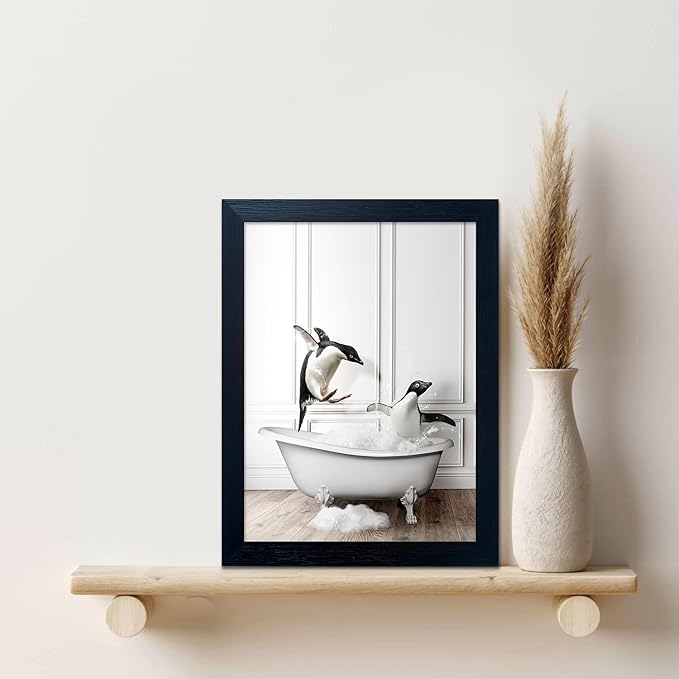 Framed Kids Bathroom Wall Decor Funny Bathroom Wall Art Black and White Canvas Print Cute Penguins in Bathtub Painting Farmhouse Animal Artwork