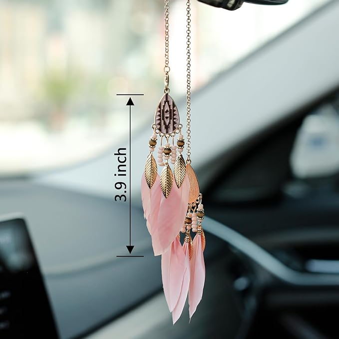 Mini Dream Catcher Car Interior Rearview Mirror Hanging Decor Nature Feather Small Boho Car Charms Pendant Accessories (New Pink)