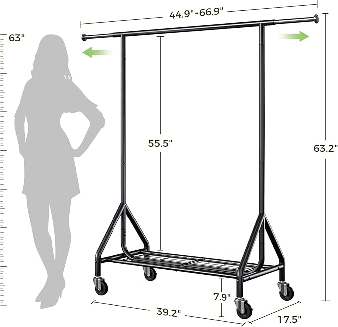 Clothes Rack Load 450 LBS, Heavy Duty Garment Rack, Standing Rolling Metal Hanging Clothes with Sturdy Wheels & Shelves, Black