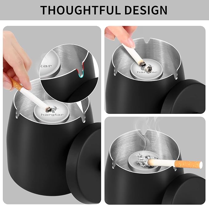 Outdoor Ashtray with Lid, Ashtrays for Cigarettes Outdoor, Ash Tray Sets for Cigarettes for Patio, Stainless Steel Windproof Ashtrays Covered Metal, Black Ashtray, Small