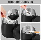 Outdoor Ashtrays for Patio with Lid, Outdoor Ash Tray Sets for Cigarettes, Stainless Steel Windproof Ashtrays Large Covered Outside Odorless Iron Metal Indoor Tabletop, Black, Medium