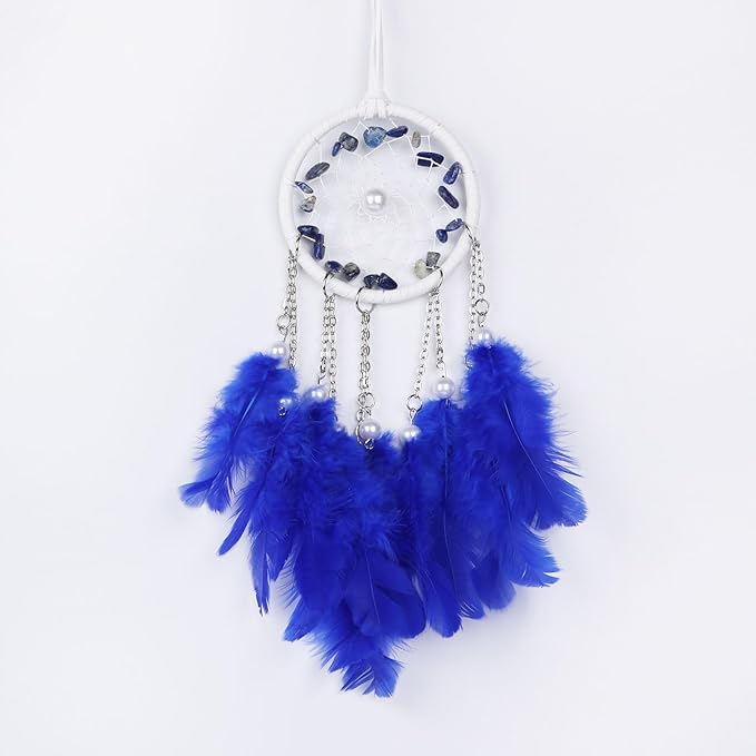 Pretty Jolly Crystal Stone Small Dream Catchers Blue Feathers Mini Dreamcatchers with Beads for Car Rear View Mirror Hanging Decoration Good Luck Travel Charm Little Bedroom Ornaments for Women Girls