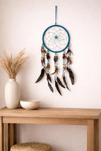 OMA Large Blue Dream Catcher with Turquoise Stones and Feathers, Traditional Dreamcatcher for Bedroom, Living Room, Dorms & Gift - Size – 28” x 9”