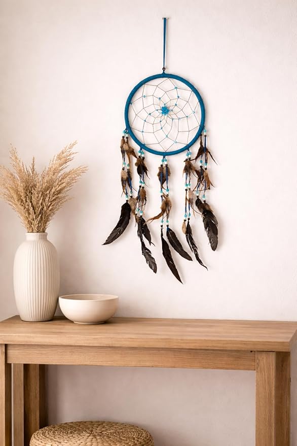 OMA Large Blue Dream Catcher with Turquoise Stones and Feathers, Traditional Dreamcatcher for Bedroom, Living Room, Dorms & Gift - Size – 28” x 9”