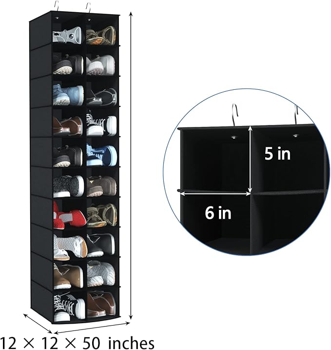 coastal rose Hanging Shoe Organizer for Closet, 20 Sections Hanging Closet Organizers and Storage Shelves, Space Saving Hanging Shoe Rack, Black, 12''W×12''Dx 50''H