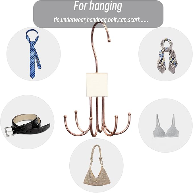 Belt Hanger, 4Pcs Belt Organizer for Closet 360°,Rotatable Max 48 Belt Storage Rack Space Saving Storage Rack for Belt, Bra, Tank Top, Tie, Scarf(2White 2Rose Gold)