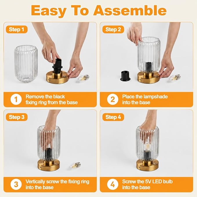 Touch Table Lamp for Nightstand - Small Bedside Lamps for Night Stands Bedroom Living Room, Dimmable Rechargeable Desk Lamp Battery Operated with Clear Glass Shade, Bulb Included