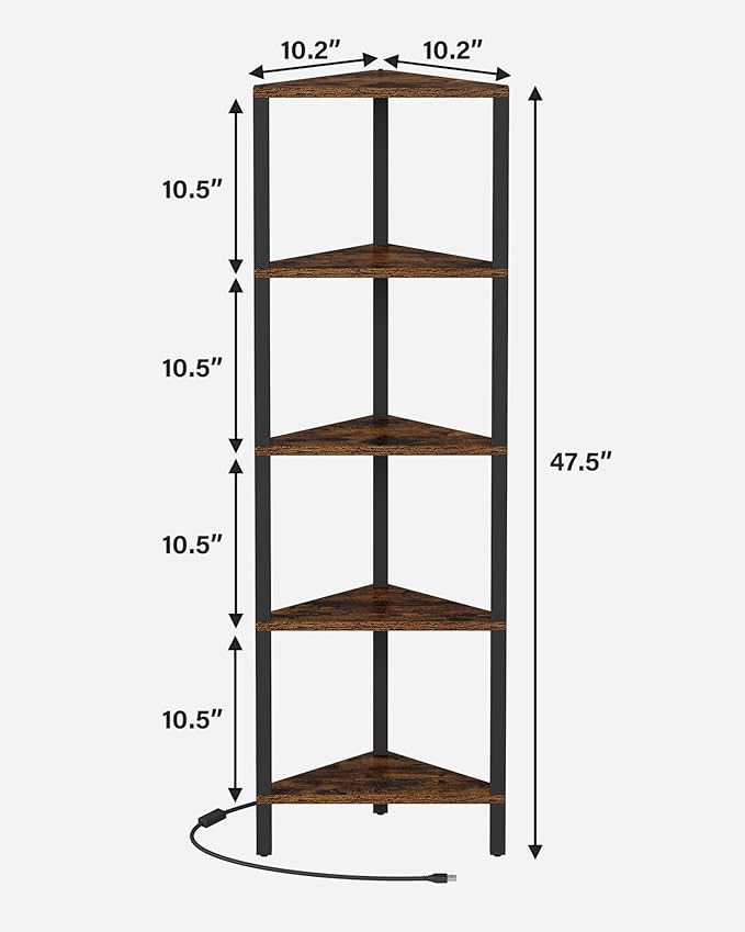 TUTOTAK Corner Shelf with LED Light, 5-Tier Corner Bookshelf for Small Space, Narrow Display Corner Shelf Stand with Storage Rack, for Living Room, Bedroom, Rustic Brown BS05BB005L