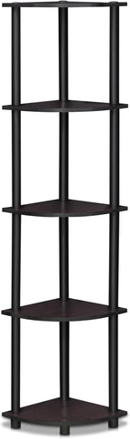 Furinno TURN-N-TUBE Corner Shelf, 5-Tier Corner Bookshelf, Open Storage Shelves, for Organization and Storage, Living Room, Home Office, Garage, Bedroom, Dark Walnut