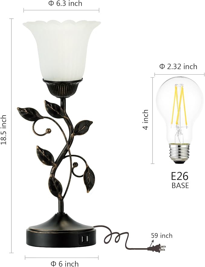 Set of 2 Touch Bedside Vintage Lamps with 2 USB C+A | 3-Way Dimmable Flower Lamps, White Glass Shade Rustic Leaf Lamp for Bedroom Side Table, LED Bulb Included