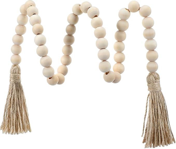 Boho Decor Wood Beads Garland with Tassels Farmhouse Wall Hanging Decorations Natural Wooden Tassel Decorative Room Hanging for Coffee Table Christmas and Prayer(Wood Color, 50inch)