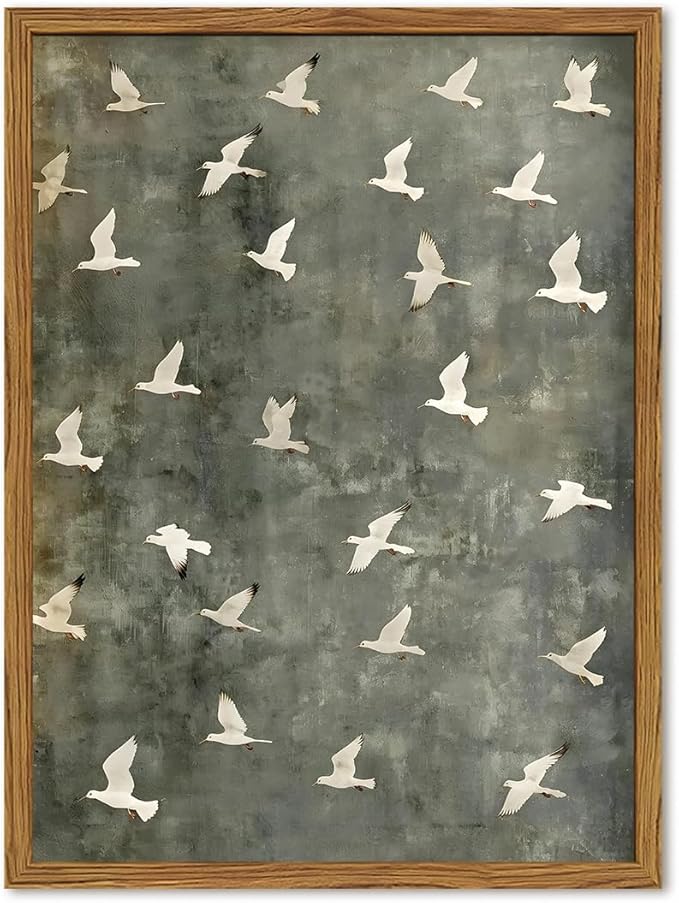 Framed Vintage Flying Bird Canvas Wall Art, Minimalist Abstract Flock of White Birds Pictures Wall Decor, Cottagecore Nature Wildlife Prints Paintings for Living Room Bedroom Home Office 12x16 inch
