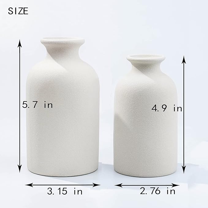 Hirdbrote Small Ceramic Vases for Decor, 2-Piece Set - Flower Vases, Modern Farmhouse & Rustic Home Decor, Wedding & Kitchen Centerpiece (5.5' & 4.7' Tall) (White)