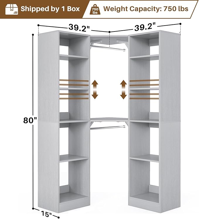Corner Closet System with 12 Shelves, 39.2" Corner Closet Organizer System with 2 Hanging Rods, Versatile 6-Tier Walk-in Closets for Corner Space, Grey (39.2" L x 39.2" W x 80" H)