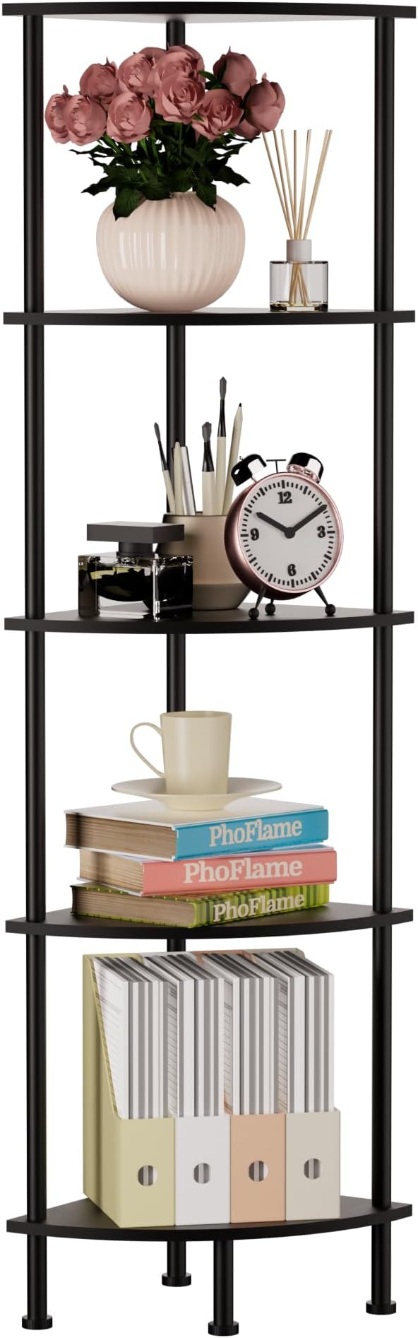 5-Tier Corner Shelf Stand, 52" Industrial Corner Display Rack for Living Room, Bookshelf, Tall Display Shelf, Plant Stand, Storage Standing Shelf for Bedroom, Bathroom, Kitchen, Black