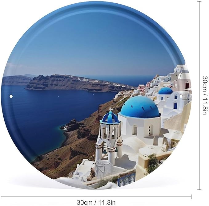 Wall Picture, with Santorini Greek Island Sea View Printed Circular Iron Hanging Picture,Wall Art Decor,Home for Bedroom Living Room Bathroom Decor,Iron Painting 11.8X11.8 in