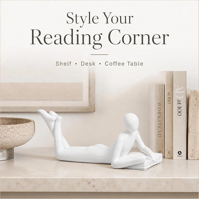 White Reading Statue Style A, Abstract Reader Figurine, Resin Book Decor for Bookshelf, Coffee Table, Desk Shelf Decor, Gift for Book Lovers