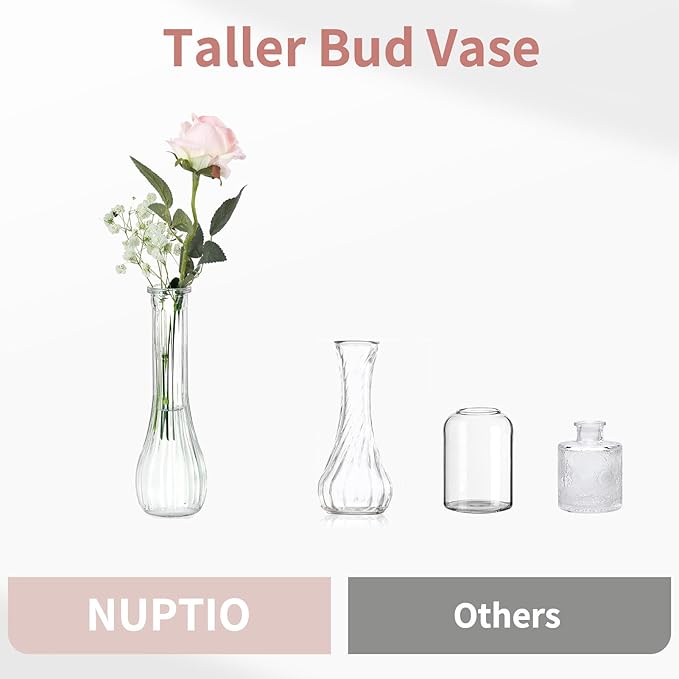 NUPTIO Glass Bud Vases Centerpiece: 3 Pcs Small Flower Vase for Wedding in Bulk - Cute Clear Ribbed Vase for Party Events Home Table Decor