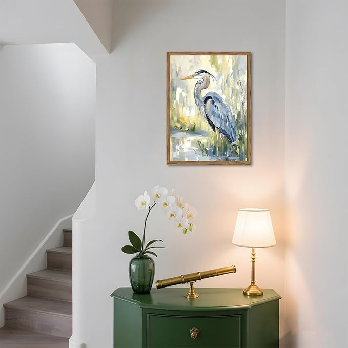 Framed Blue Heron Wall Art, Watercolor Sea Bird Pictures Wall Decor, Coastal Nature Wildlife Animal Paintings Canvas Prints for Living Room Bedroom Bathroom Office Home Decor 12x16 inch