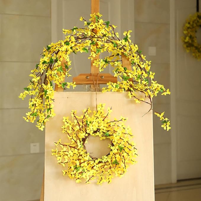 Artificial Forsythia Hanging Flowers 40 Inch Garland Decorative Natural Swag Winter Jasmine Yellow Flowers Silk Flowers Door Wall Flower Swag for Wedding Home Party