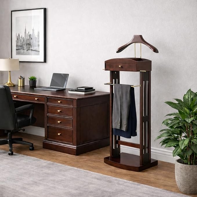 Proman Products Milan Valet Stand with Drawer, Top Tray, Contour Hanger, Trouser Bar, Tie & Belt Hooks and Shoe Rack - VL16226, Dark Walnut