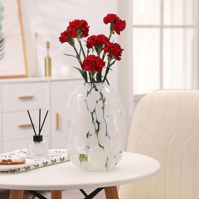 White Glass Vase, Large Glass Vase for Flowers, Modern Flower Vases, Tall Floor Vases for Living Room, Dining Table, Mantle, Shelf, Wedding, Office, 10 Inches
