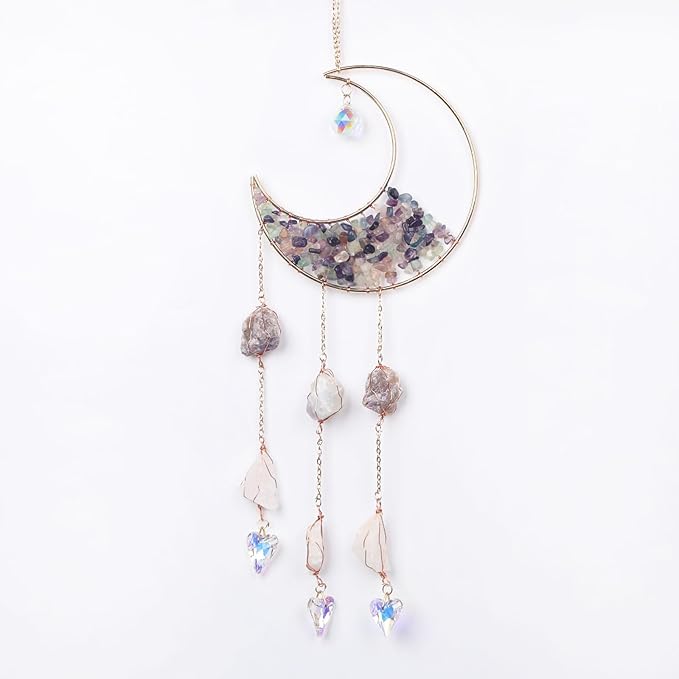 Mini Cobblestone Color Crescent Moon Crystals Sun Catcher Dream Catchers Gemstone Suncatcher with Heart Ornament Handmade Dreamcatcher Wall Decor for Adults Girls Bedroom Wedding Garden Bless Gift