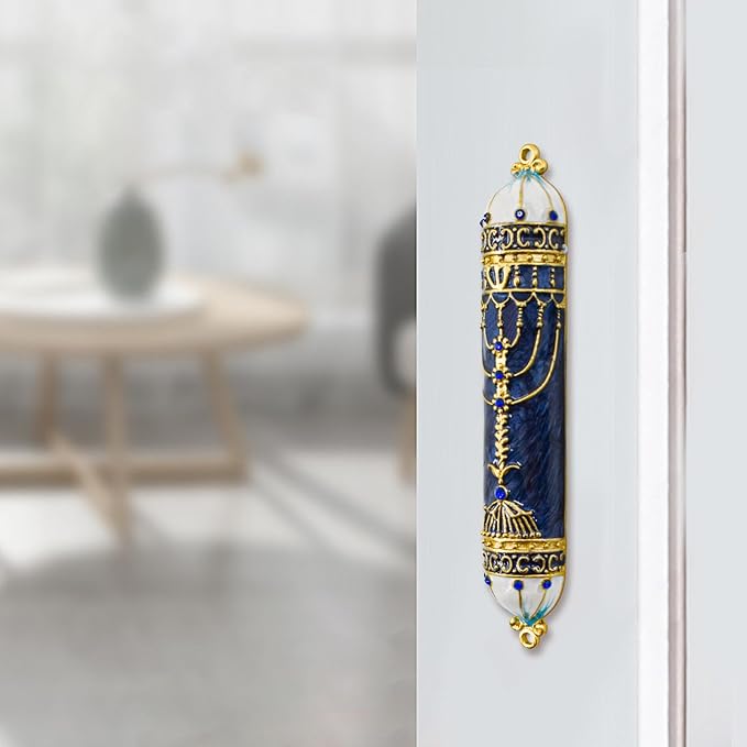 Mezuzah with Scroll for Door, Enamel&Zinc Alloy Blessing Mezuzah Case for Door, Colored Painted Mezuzha Scroll Kosher for Jewish Gifts/Jewish Decor, Christmas (Blue, 5 * 0.86 in)