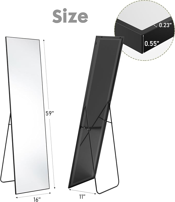 DUMOS 16"x59" Full Length Mirror with Stand, Floor Standing Aluminum Frame, Shatter-Proof Nano Glass for Bedroom, Living Room, Cloakroom – Modern Simple Home Decor,Can Be Hanging or Leaning, Black