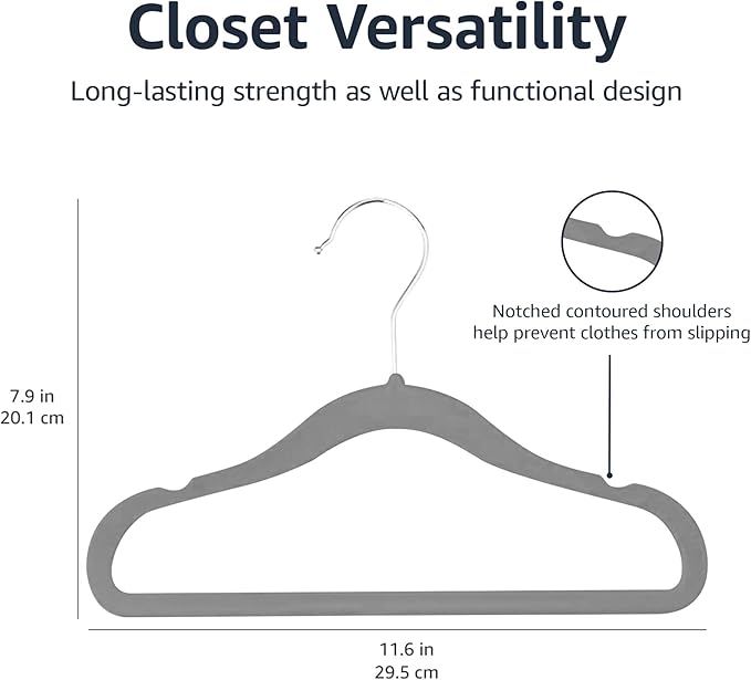 Amazon Basics Kids Space Saving Velvet Non-Slip Clothes Hangers with Shoulder Notches for Infant and Toddler, Sturdy, 11.6", Gray, 50-Pack