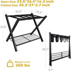 mocomax 2 Pack Folding Luggage Rack for Guest Room, Foldable Suitcase Stand Holder with Metal Storage Shelf for Bedroom, Living Room, Hotel Essentials, Heavy Duty Steel Frame, Black