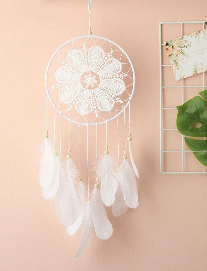 Dream Catchers White for Bedroom, Handmade Hanging Decorations White Feather Lace Dream Catcher Mobile for Girls Room Decor