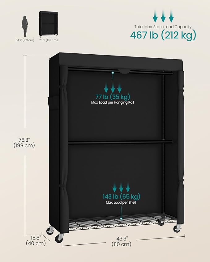 SONGMICS Heavy-Duty Rolling Clothes Rack, Garment Rack, Portable Closet on Wheels, with Adjustable Mesh Shelves and Hanging Rails, Fabric Cover, 15.8 x 43.3 x 78.3 Inches, Ink Black ULGR419BH01