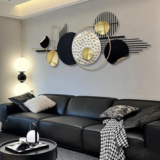 ERMOFAV Metal Wall Art Modern Art Black and Gold Boho Living Room Decor Art Abstract Geometric Sculptures Large Wall Decor for Living Room Dining Room Bedroom Aathroom