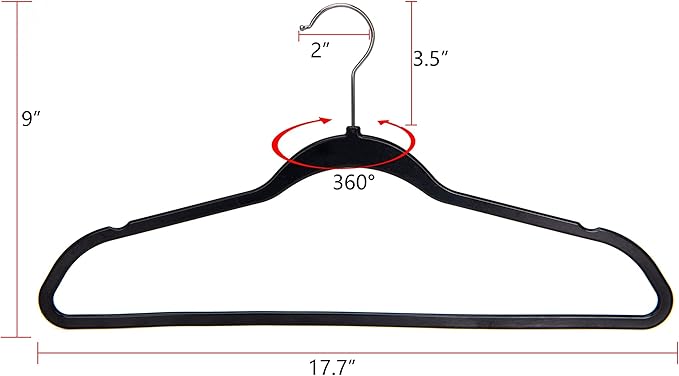 Quality Hangers 200 Pack Plastic Hangers for Clothes - Slim Non-Velvet Hangers with 360° Swivel Chrome Hook & Non Slip Notches - Ideal for Dresses Coats Shirts Jackets & More - Black