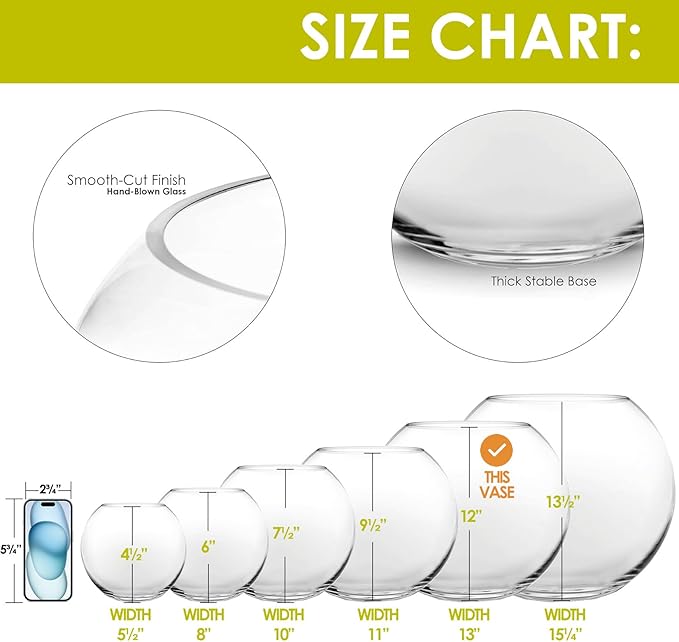 CYS EXCEL Large Glass Bubble Bowl (H-12" W-13", Approx. 5.5 Gal.) Round Bowl Terrarium Globe Flower Vase Centerpiece for Weddings Events Arrangements