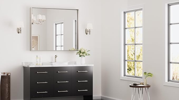 Keonjinn 42 x 36 in Brushed Nickel Mirror for Bathroom Sink, Rectangular Metal Framed Vanity Wall Mirror Square Corner Aluminum Alloy Modern Rectangle Silver Mirror for Over Sink(Horizontal/Vertical)