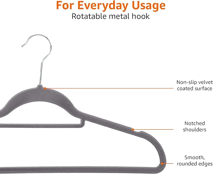 Amazon Basics Space Saving Heavy Duty Non-Slip Velvet Suit Hangers with Horizontal Tie Bar, Sturdy for Clothes Organization and Storage, Dark Gray, 50-Pack