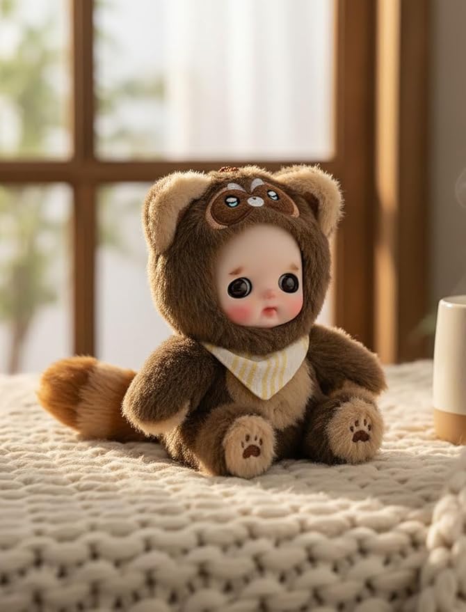 6" Hand-Painted Porcelain Face Doll with Acrylic Cotton Body, Small Ceramic Collectible Doll for Shelf & Desk Decor, Aesthetic Home Display, Collectors & Unique Birthday Gift (Brown)