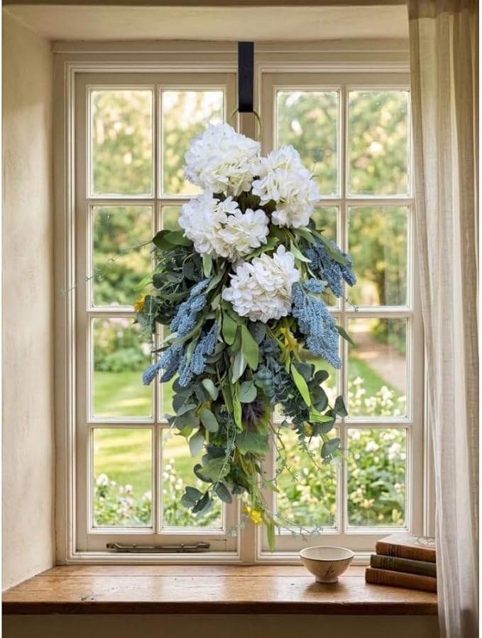 26" White Floral Teardrop Swag for Front Door, Artificial Spring Summer Farmhouse Door Decor with Greenery, White Floral Hanging Swags with Berries for Porch Entryway Window Wall