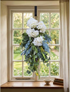 26" White Floral Teardrop Swag for Front Door, Artificial Spring Summer Farmhouse Door Decor with Greenery, White Floral Hanging Swags with Berries for Porch Entryway Window Wall
